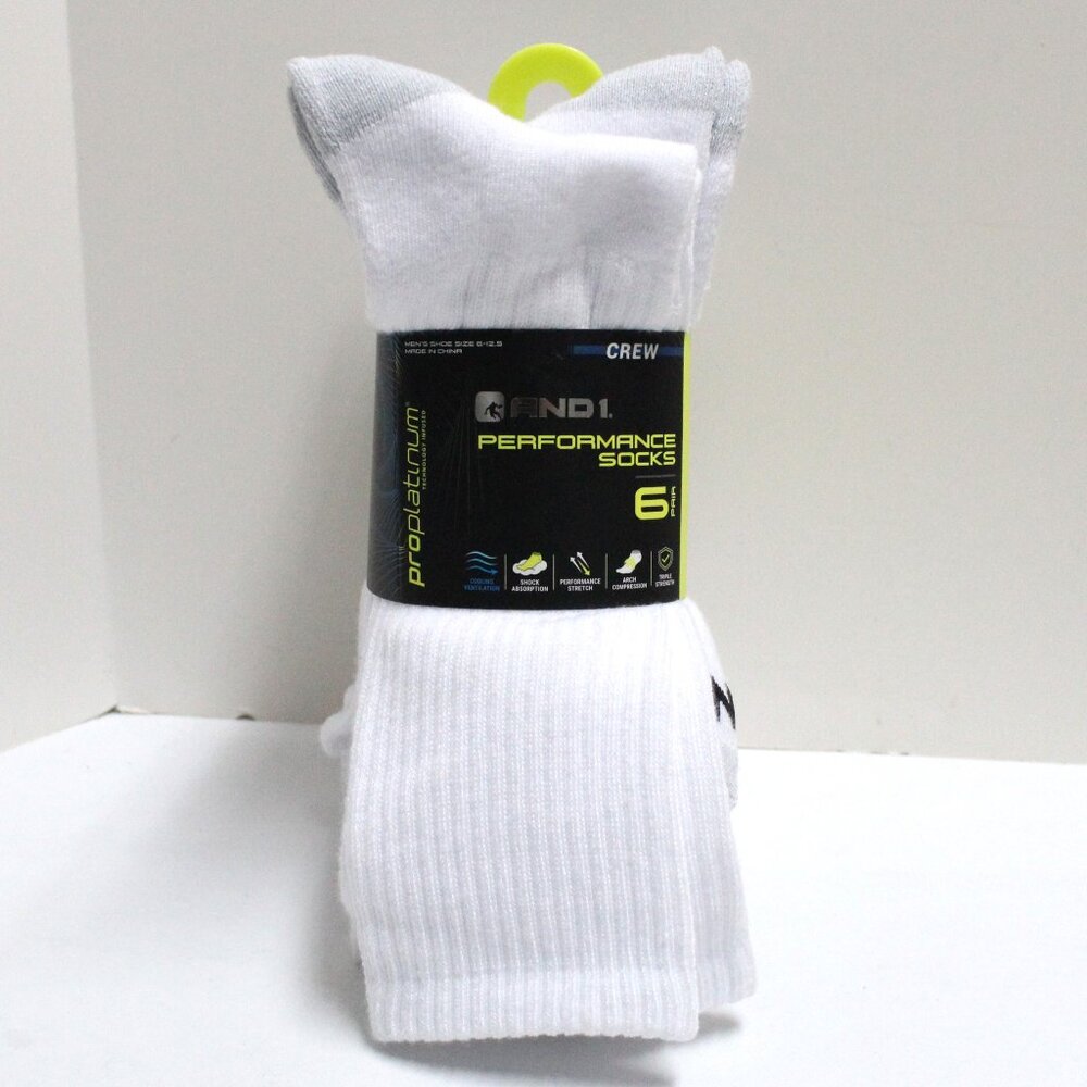 6 Pair White AND1 Men's Shoe Size 6 - 12.5 Crew Performance Socks